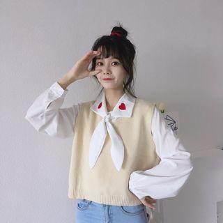 Collared Tie-neck Blouse / Plain Knit Vest