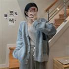 Plain Dual-pocket V-neck Knit Cardigan As Shown In Figure - One Size