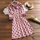 Long-sleeve Dotted Tie-neck Corduroy A-line Dress