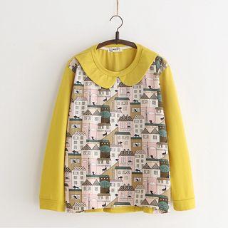 Peter Pan Collar Patterned Long-sleeve Top