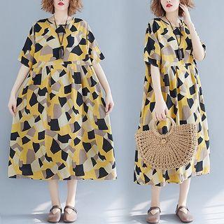 Patterned Elbow-sleeve Midi A-line Dress Black - One Size