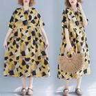 Patterned Elbow-sleeve Midi A-line Dress Black - One Size