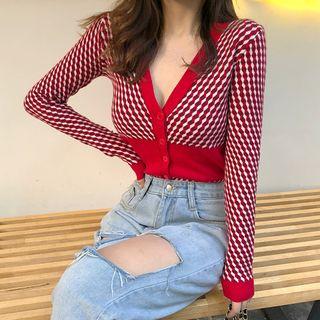 Patterned V-neck Cardigan As Shown In Figure - One Size