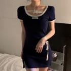 Short-sleeve Contrast Trim Side-slit Bodycon Dress Blue - One Size
