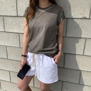 Cap-sleeve Washed T-shirt Charcoal Gray - One Size