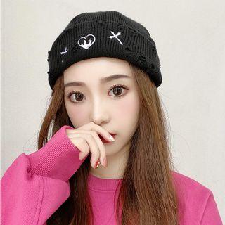 Embroidered Distressed Knit Cap