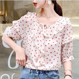 Elbow-sleeve Heart Patterned Ruffled Chiffon Top