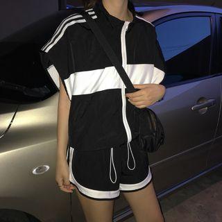 Color-block Loose-fit Short-sleeve Jacket / High-waist Shorts