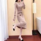 Tie-waist Pleated Panel Knit Dress