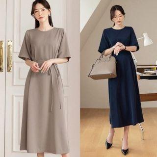 Plain Elbow-sleeve Maxi Dress With Sash