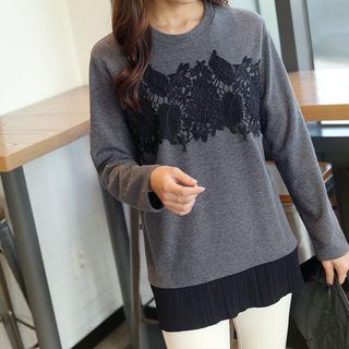 Contrast-trim Lace-panel T-shirt