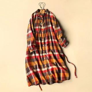 Long-sleeve Plaid Pintuck Dress