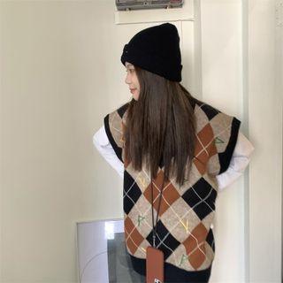 V-neck Plaid Oversize Vest Black - One Size