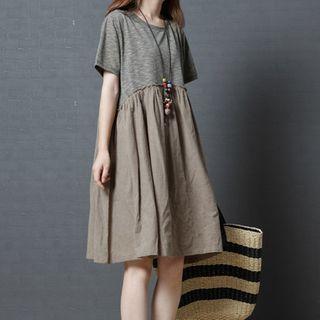 Short-sleeve Linen Panel A-line Dress