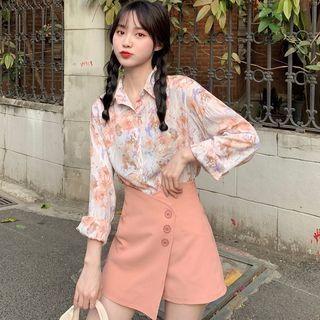 Long-sleeve Floral Shirt / High-waist Asymmetrical Mini A-line Skort