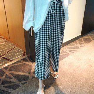 Drawstring-waist Check Wide-leg Pants