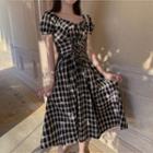 Balloon-sleeve Gingham Lace-up Midi A-line Dress
