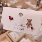 Non-matching Rhinestone Bear Earring 1 Pair - Love Heart Bear - One Size