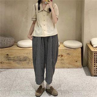 Short-sleeve Blouse / Plaid Wide Leg Pants