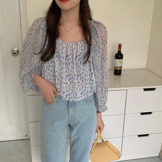 Floral Square-neck Ruched Chiffon Blouse As Shown In Figure - One Size
