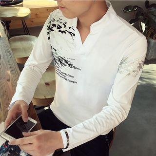Printed Split Neck Long Sleeve T-shirt