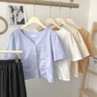 Plain Flower Trim V-neck Ruched Short-sleeve Shirt