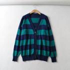 Striped Cardigan Striped - Navy Blue & Green - One Size