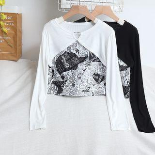 Mock Two-piece Long-sleeve Heart Ring Lettering Print Crop Top
