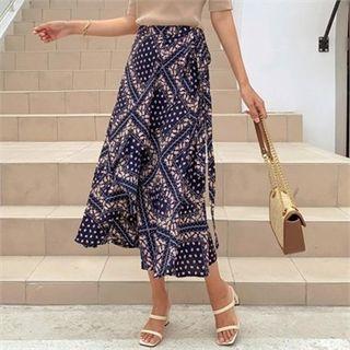 Paisley Long Wrap Skirt Navy Blue - One Size
