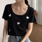 Short-sleeve Round Neck Heart Print Slim-fit Cropped Cardigan