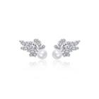 Elegant Geometric Imitation Pearl Stud Earrings With Cubic Zirconia Silver - One Size