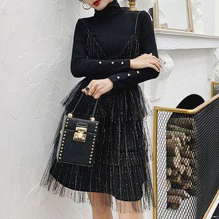 Set: Mock Neck Long-sleeve Top + Strappy Sheer Panel A-line Dress