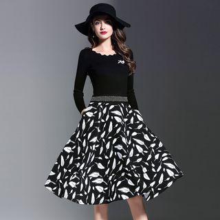 Feather Print Mock Two-piece Midi Dress