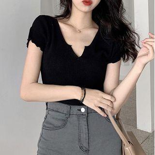 Short-sleeve Notch-neck Knit Top