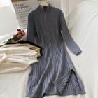 Long-sleeve Mock-neck Knit Midi A-line Dress