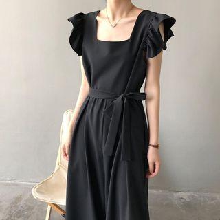 Sleeveless Ruffle Trim Square-neck Midi A-line Dress