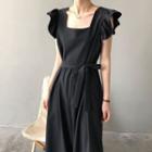 Sleeveless Ruffle Trim Square-neck Midi A-line Dress