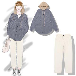 Plaid Hooded Jacket / Cropped Straight-cut Jeans