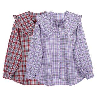 Long-sleeve Collared Plaid Blouse