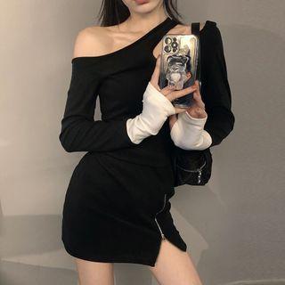 Long-sleeve Cold-shoulder Cutout Mini Sheath Dress Black - One Size