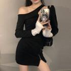 Long-sleeve Cold-shoulder Cutout Mini Sheath Dress Black - One Size