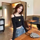 Long-sleeve Cold-shoulder Heart Embroidered T-shirt