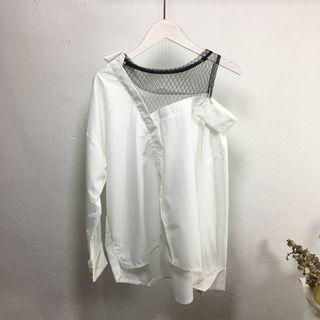 Mock Two Piece Mesh Panel Cut Out Shoulder Long Sleeve Top