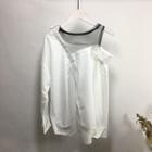 Mock Two Piece Mesh Panel Cut Out Shoulder Long Sleeve Top