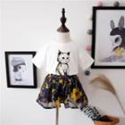 Set Of Two: Short-sleeve Cat Printed T-shirt + Patterned Shorts