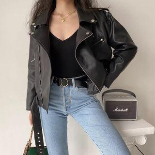 Pu Leather Loose-fit Biker Jacket