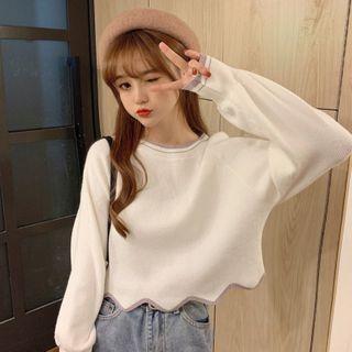 Contrast Trim Wave Hem Sweater White - One Size