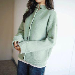 High-neck Slit-cuff Cardigan