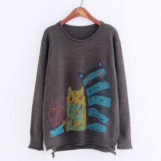 Cat Print Sweater Gray - One Size