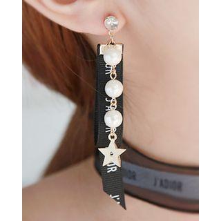 Faux-pearl Lettering-tag Dangle Earrings